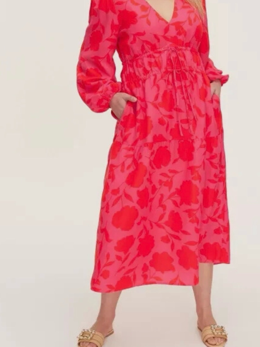 kate Spade x Target Classic Rose Linen Long Sleeve Maxi Dress Pink/Red Sz XL.
